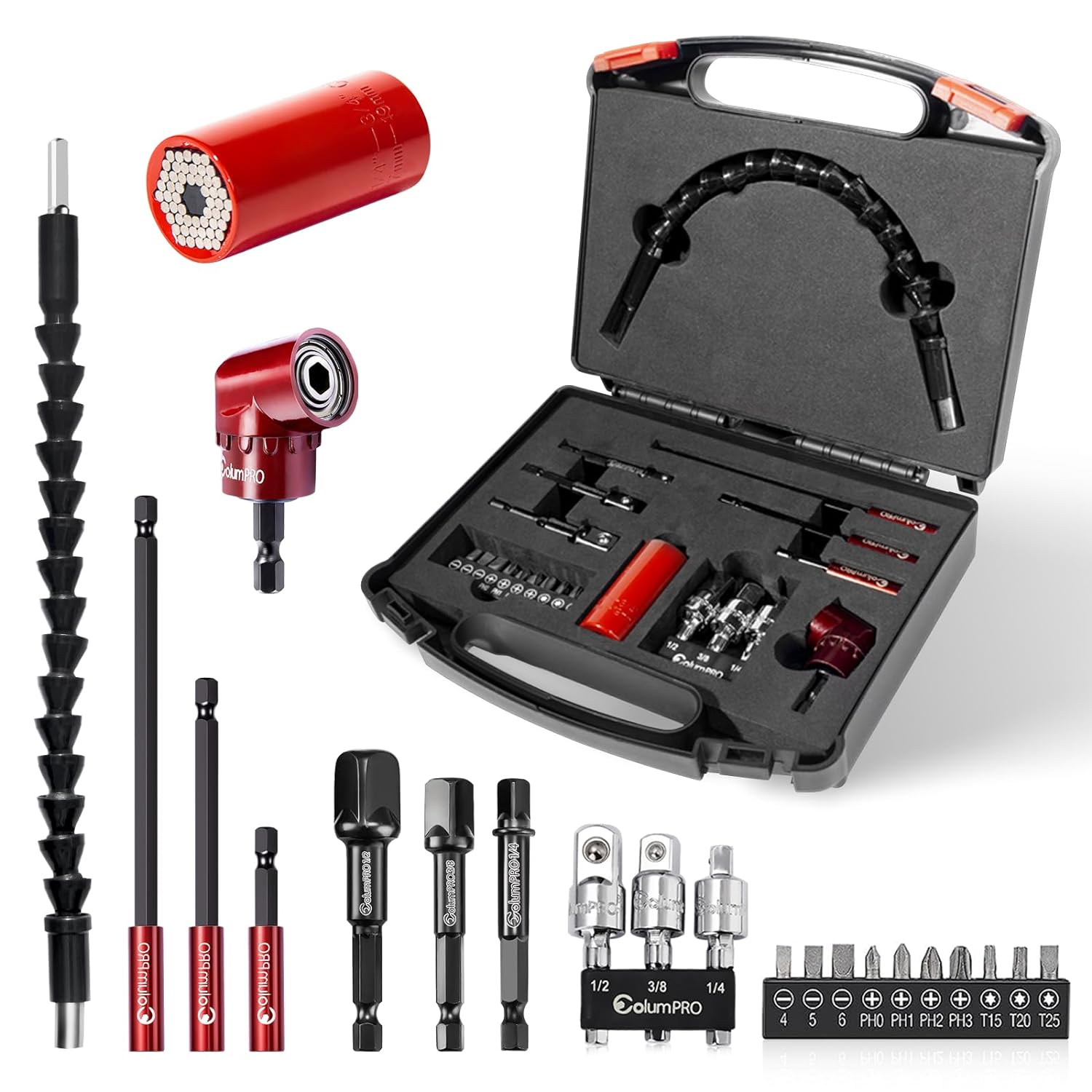 ColumPRO 22PCS Flexible Drill Bits Extension&Universal Socket Tool Set,Right Angle Driver Adapter,Bendable Extension,Screwdriver Bit,Extension Bit Holder,Regular&Rotatable Socket Adapter