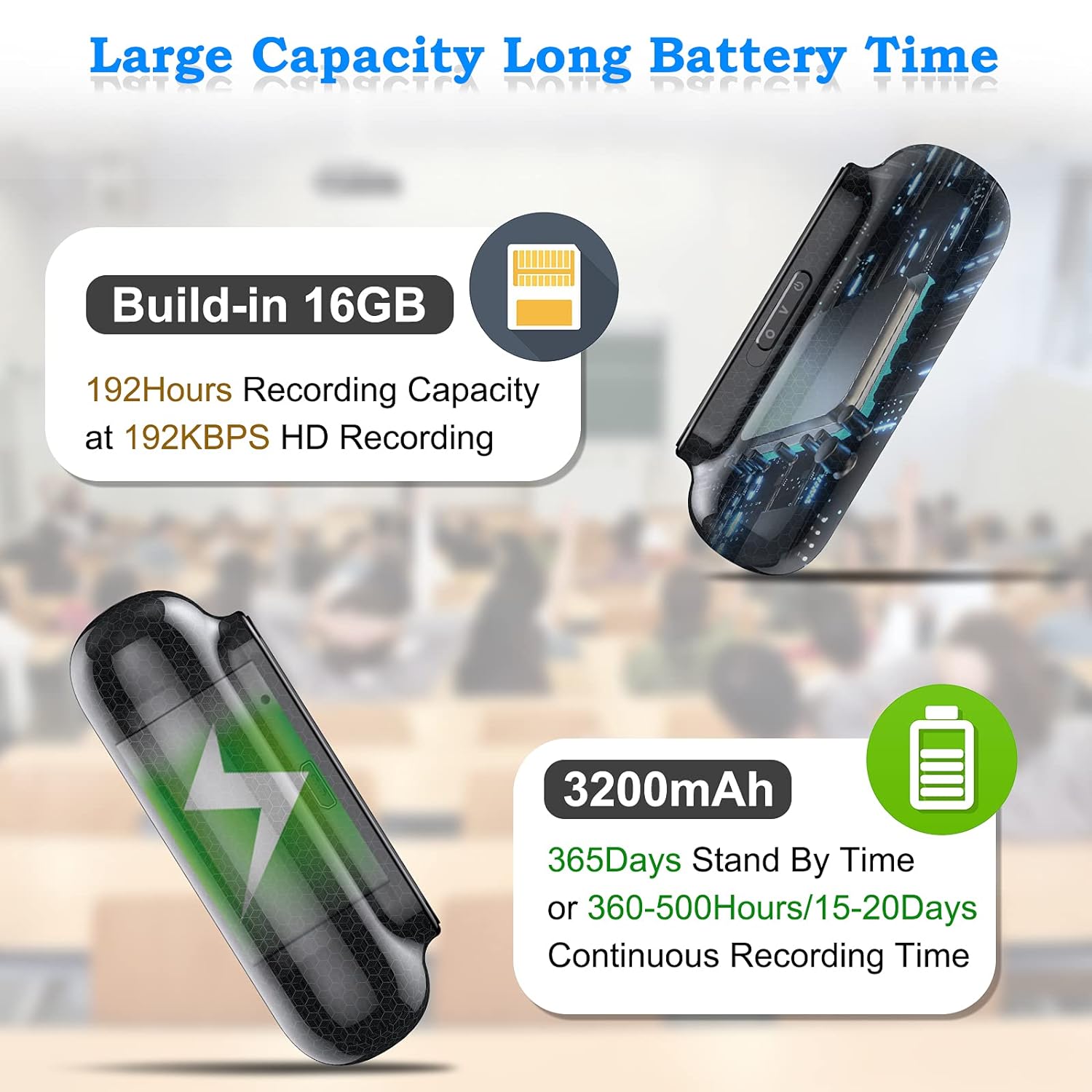Binrrio Voice Activated Recorder, Magnetic Digital Voice Recorder 3200mAh-500H Continuous Recording Time 192 Hours Recording Capacity Recording Device for Lectures