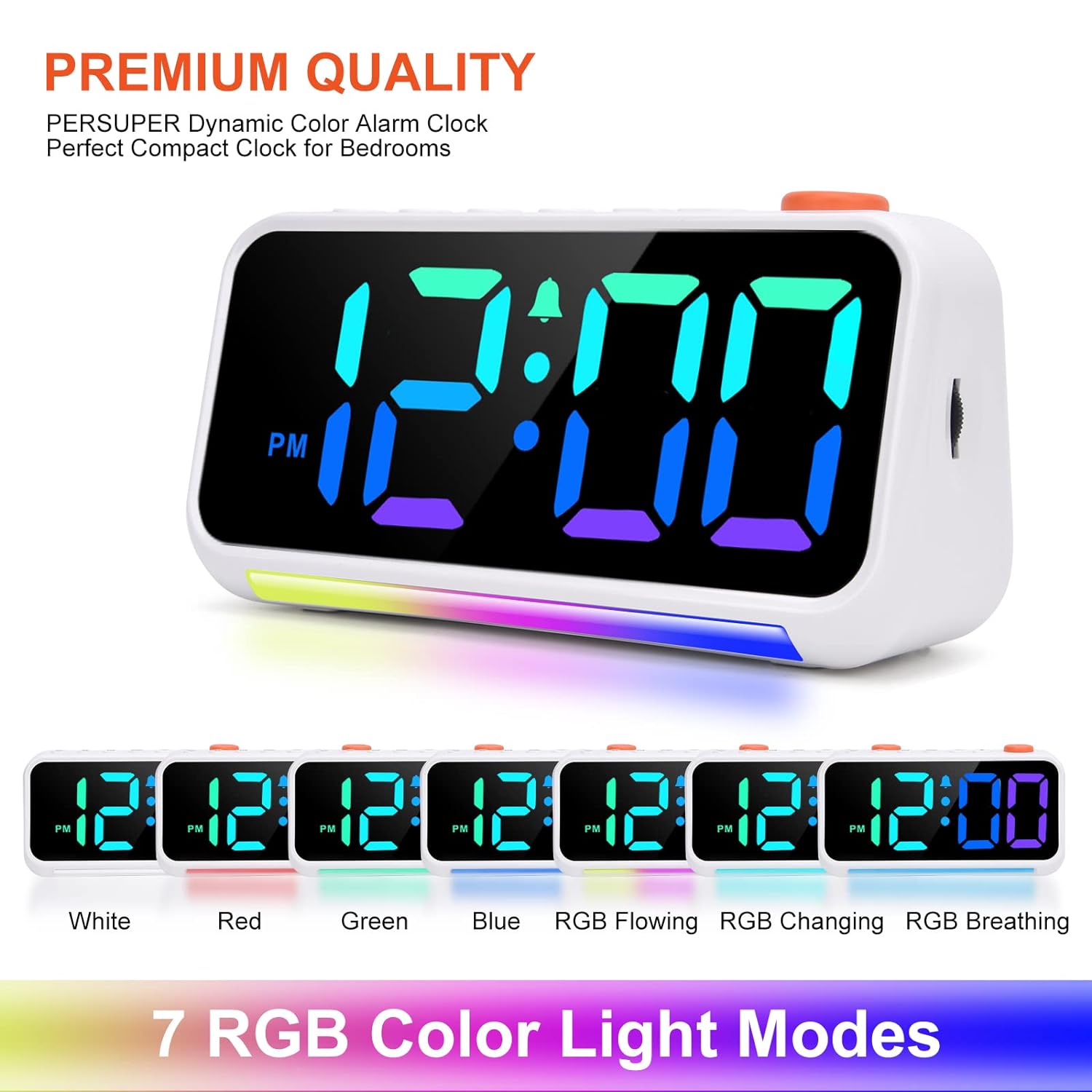 [RGB] Digital Alarm Clock for Bedroom, Dynamic RGB Color Changing, 7 Color Night Light, 3 Alarm Types, Adjustable Snooze Function, with USB Charger Port and Dimmer, for Kids, Teens, Heavy Sleepers