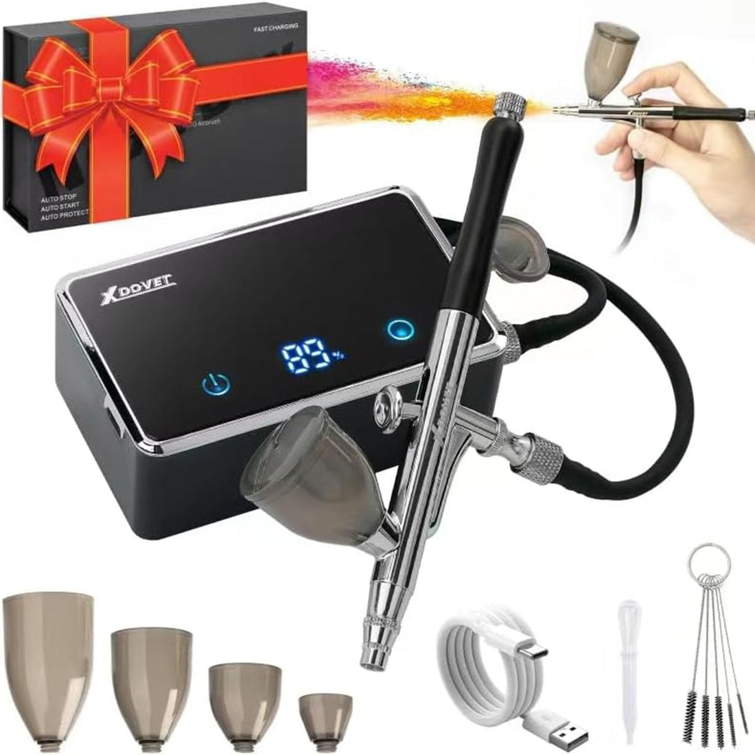 XDOVET Upgraded 32PSI Airbrush Kit, Rechargeable Multi-Function Dual-Action Airbrush Set with Compressor for Painting Portable Air Brush Set for Makeup, Cake Decor, Model Coloring, Nail Art, Tattoo