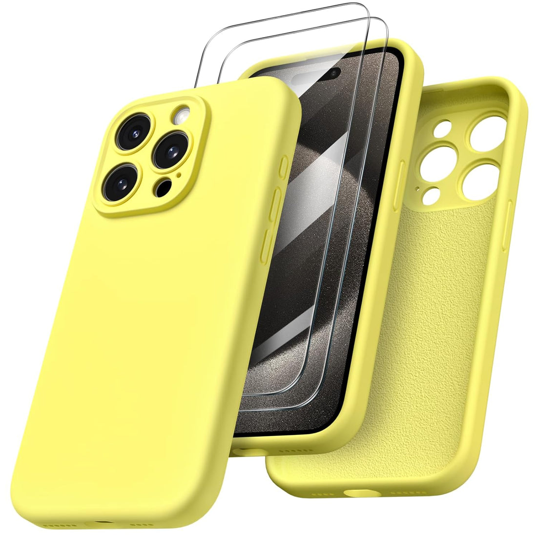 ORNARTO Designed for iPhone 15 Ultra Case with 2X Screen Protector, Liquid Silicone Gel Rubber Cover [Camera Protection + Soft Microfiber Lining], Shockproof Protective Phone Case 6.7 Inch-Lemon