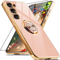 Aitipy for Samsung Galaxy S23 Plus Case with Screen Protector, Built-in 360 Rotation Ring Holder Magnetic Stand, Luxury Shiny Plating Edge Shockproof Electroplated Protective Cover (Pink/Golden)