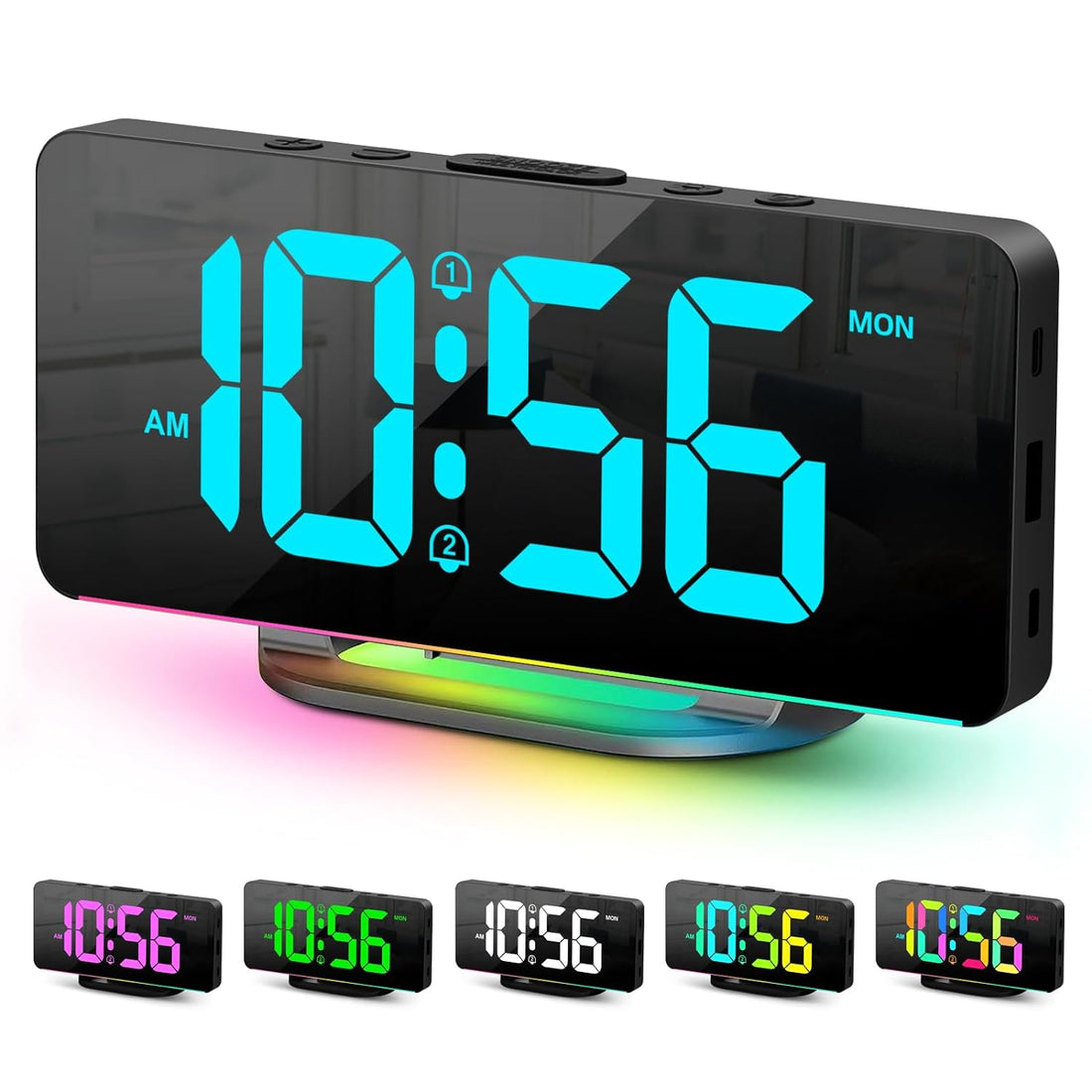 Digital Alarm Clock, Large LED Digital Clock for Bedrooms with 10 Color Changing Night Light, Adjustable Brightness, USB Charging Port, Bedside and Desk Clock for Living Room Office Decor (Black)