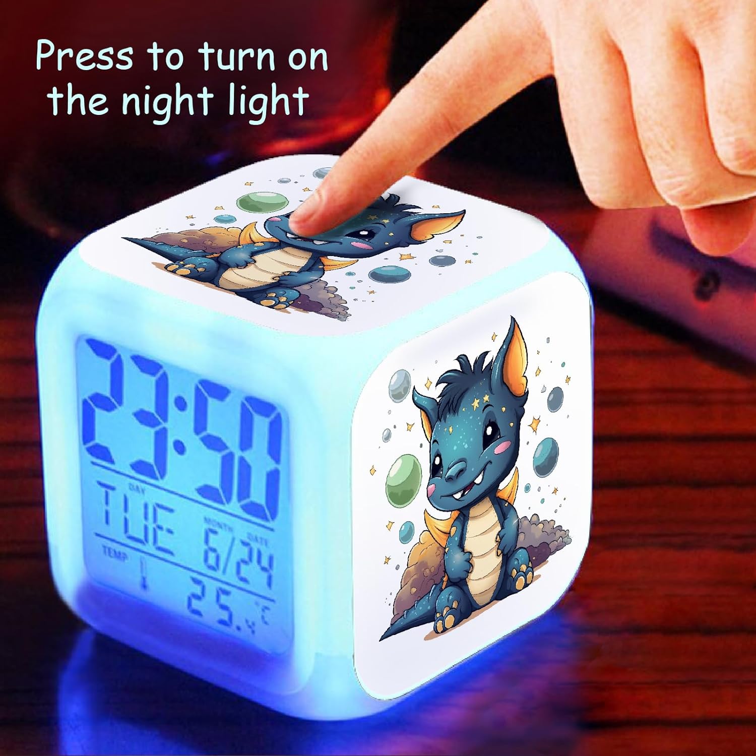ZonleeApex Kids Digital Alarm Clock with Dragon for Boys Girls Ages 6-13, Cute Cube Introductory Alarm Clock with Night Light for Bedroom Decor Gift Ideas (3.15x3.15x3.15inch)