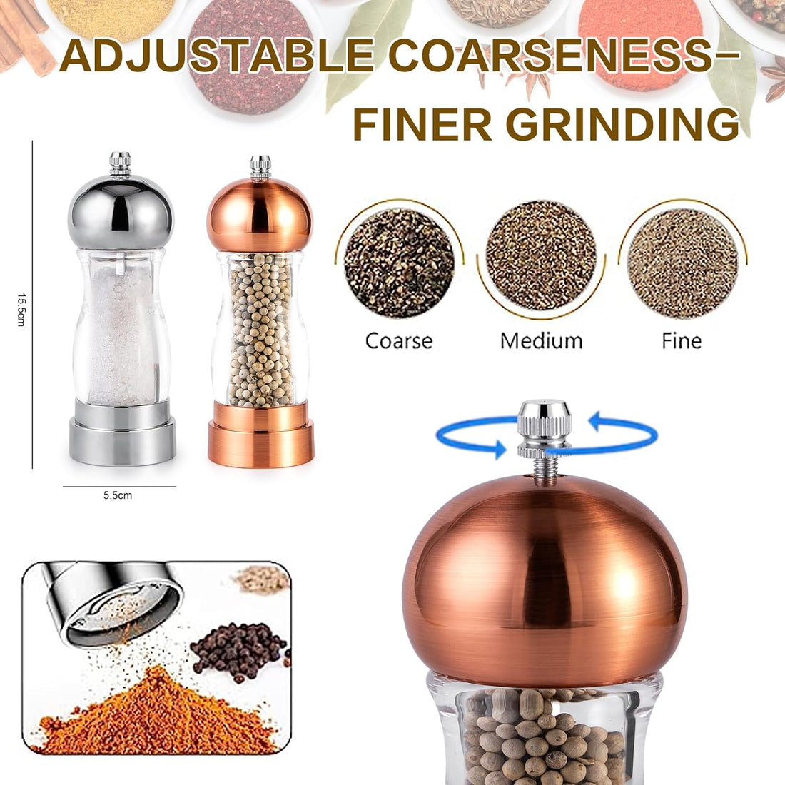 Salt and Pepper Grinder, Refillable Acrylic Pepper Mill Gift Set adjustable to ceramic core and roughness,Suitable for a Variety of Spices-6 inches-Pack of 2