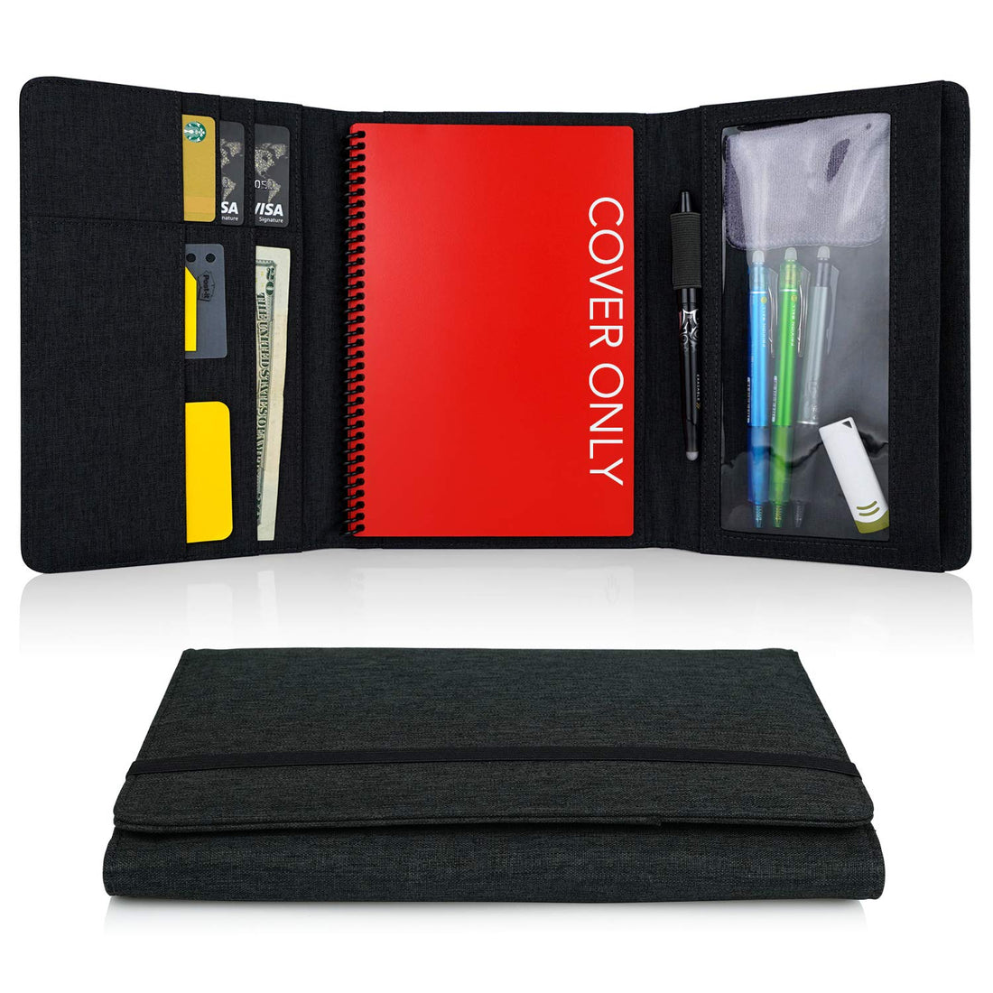 Folio Cover for Rocketbook Everlast Fusion - Executive Size, Waterproof Fabric, Multi Organizer with Pen Loop, Zipper Pocket, Business Card Holder, fits A5 size Notebook, 9 x 6 inch, Black