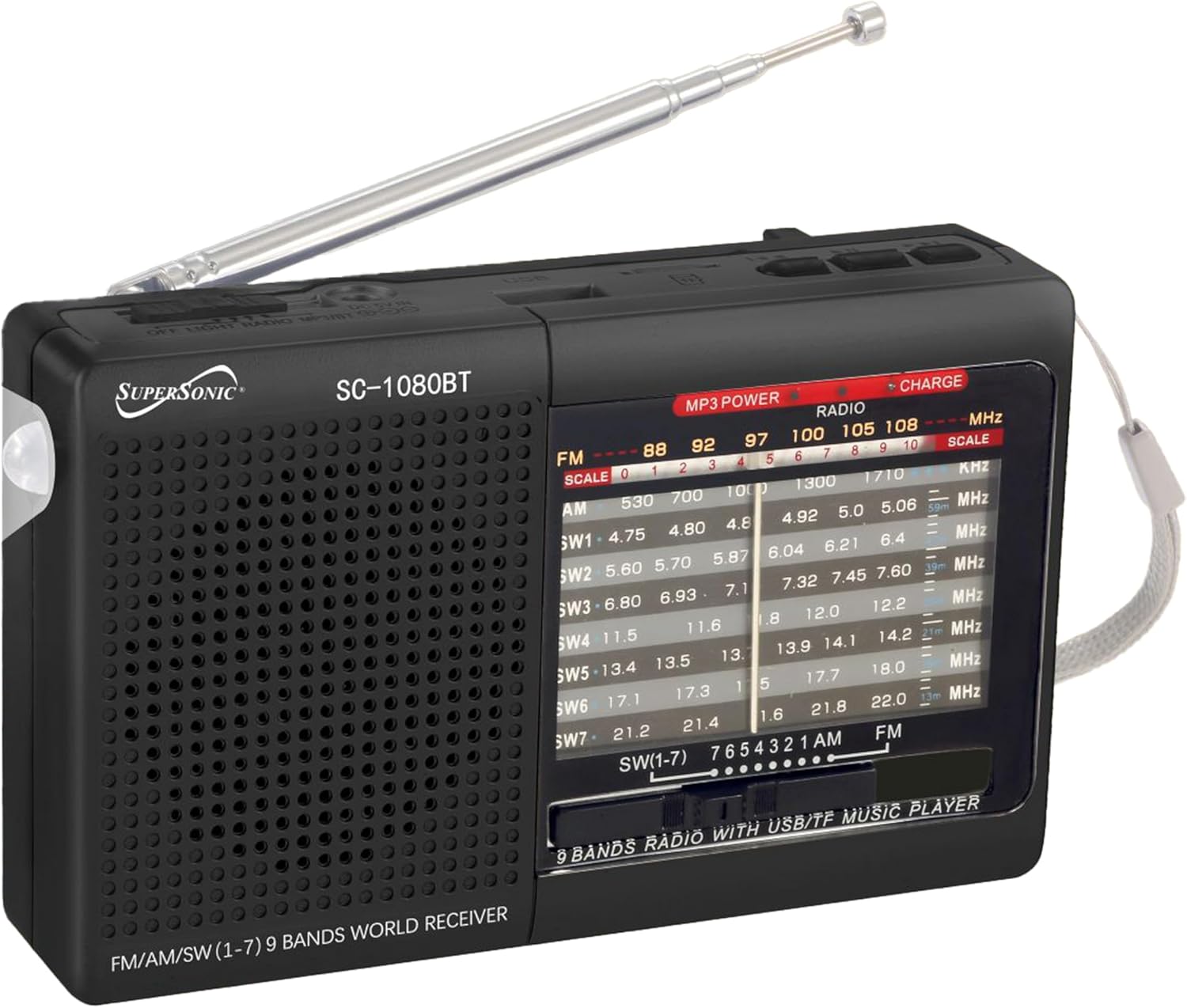 Supersonic SC-1080BT 9-Band Radio with Bluetooth – Front View