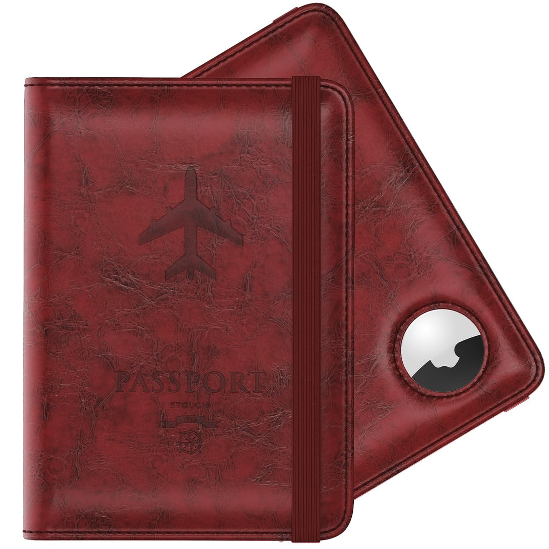 Stouchi AirTag Passport Holder, Simple Passport Holder with Airtag Slot, Passport Wallet Cover for Women, Family Leather Passport Protector Case, Anti-Lost Travel Accessories, Red