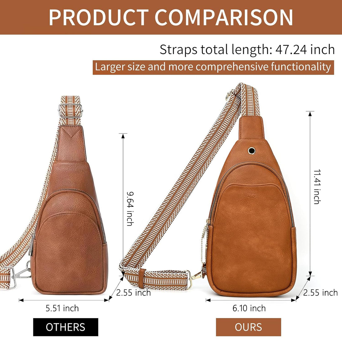 PS PETITE SIMONE Sling Bag for Women Large Leather Cross Body Purses Bag with Guitar Strap,Womens Fanny Waist Pack Chest Bag for Travel Hiking Cycling, Brown