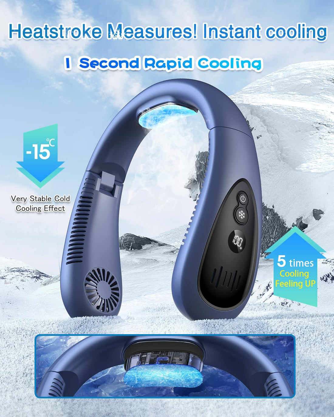 Neck Air Conditioner, 5000mAh Portable Neck Fan with Semiconductor Cooling Airflow Bladeless USB Neck Fans Portable Rechargeable with 3 Speeds, LED Display, Personal Fan for Outdoor Travel Indoor-Blue