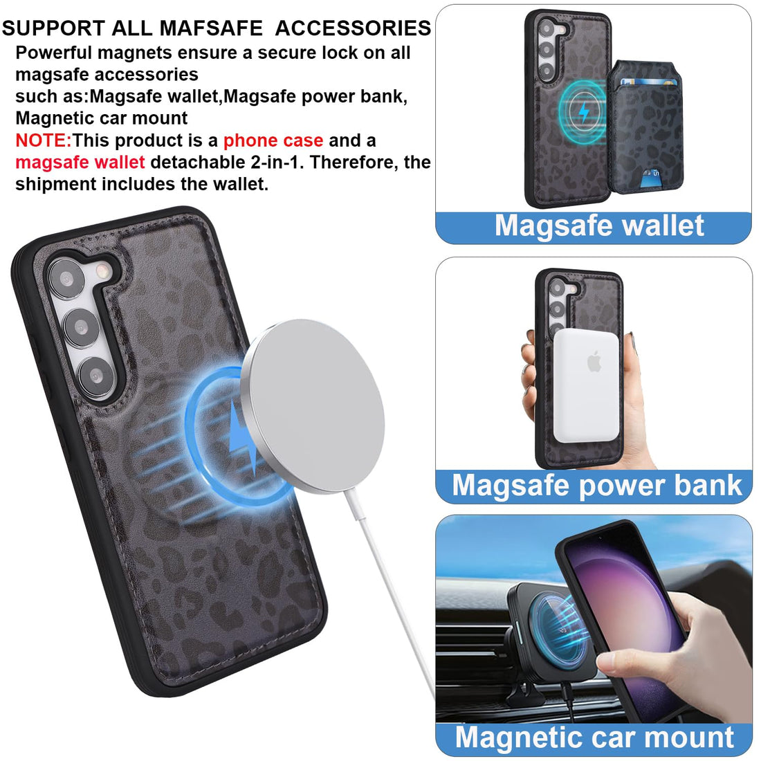 Ｈａｖａｙａ for Samsung Galaxy S23 Plus case Magsafe Compatible Galaxy S23 Plus case with Card Holder for Men S23+Plus Phone case magsafe Compatible Wallet Detachable Magnetic-Black Leopard Print