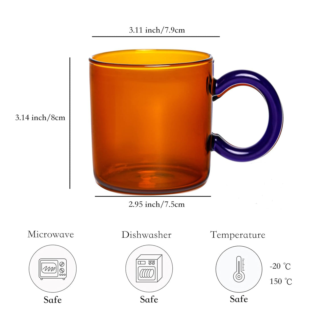 AryaElla 10oz Glass Coffee Mug, Amber Clear Cup with Handle for Hot/Cold Coffee Tea Beverage,Wide Mouth Mug Perfect for Mocha Espresso Latte Cappuccino Chocolate Juice, Lead-Free Drinking Glassware