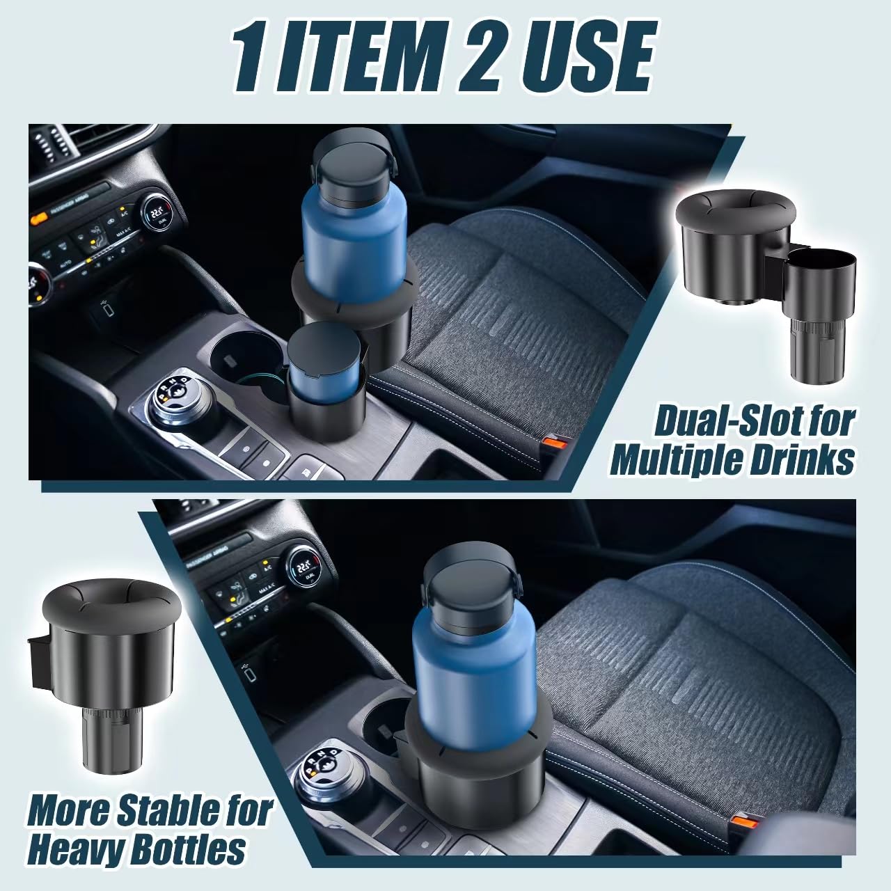 Paffenery Configurable Dual Cup Holder Extender for Car, 2-in-1 Extra Large Car Cup Holder Expander, Universal Fit Expandable Car Cup Holder Adapter for Water Bottle, Compatible for Hydro Flask, Yeti