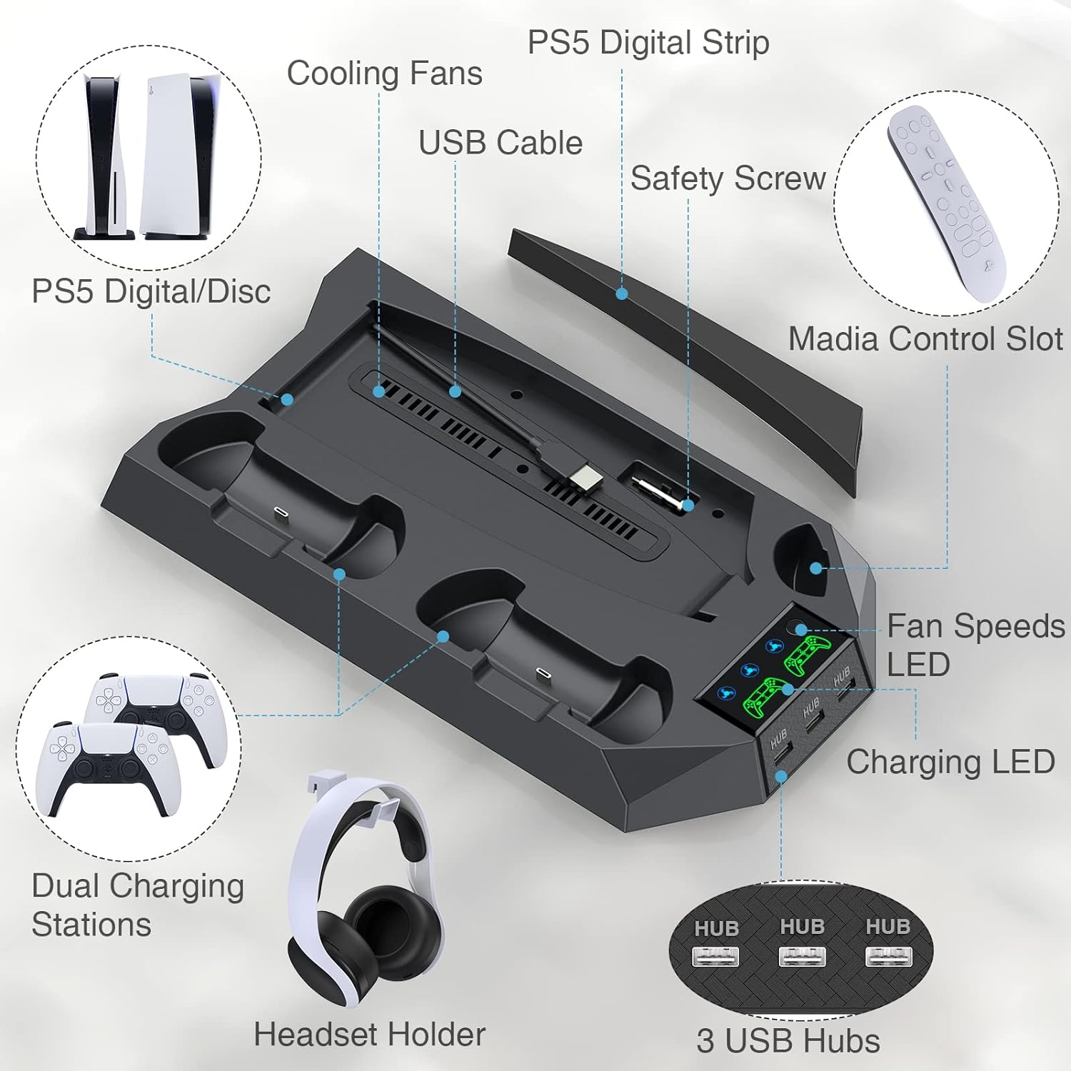 PS5 Stand with Cooling Station and Dual Controller Charging Station for PS5 Digital Edition, PS5 Disc Version,CYKOARMOR PS5 Cooling Fan with Headset Holder and 3 Adjustable Fan Speeds Black