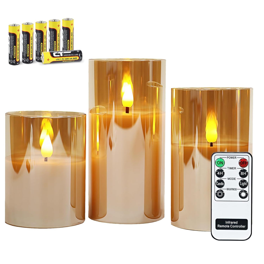 Gold Glass Battery Operated Flameless Led Candles with Timer, Warm White Flickering Light, Batteries Included - Set of 3