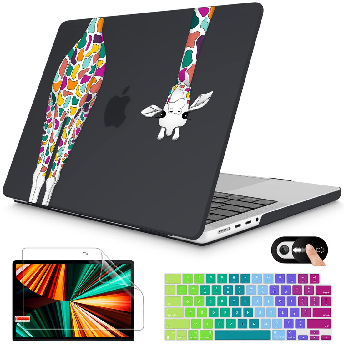 Mektron 2021 Newest for MacBook Pro 16 inch Case A2485,Matte Colorful Giraffe Soft Touch Plastic Laptop Hard Cover Keyboard Skin Screen Protector Compatible with MacBook Pro 16" M1 Pro/Max Chip, Black