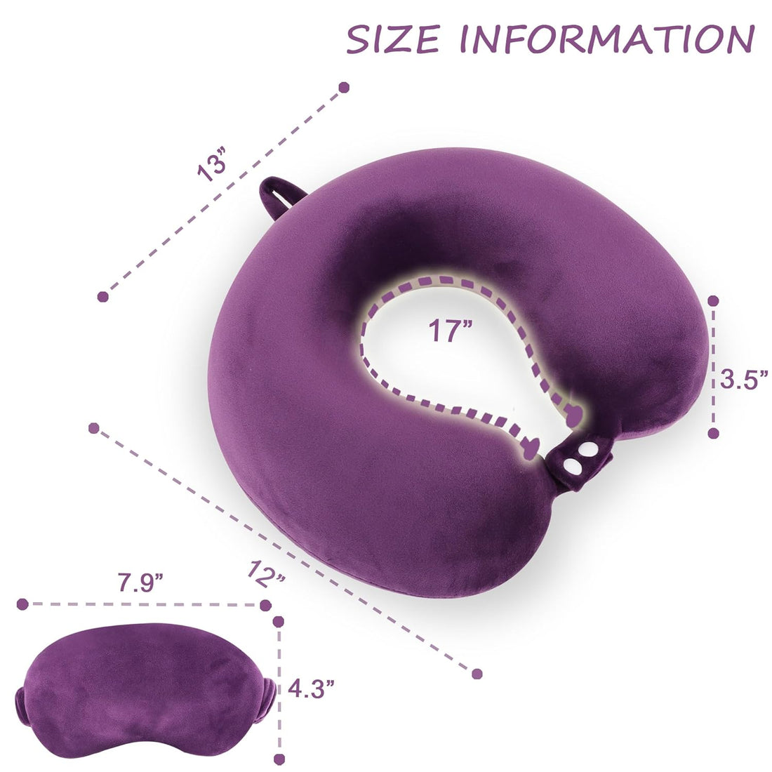 Sexysamba Pure Memory Foam Travel Pillow Set for Adults - Comfortable & Removable Machine Washable Cover, Neck Support Pillow Airplane Travel Kit with Eye Mask for Portable Plane Accessories - Purple