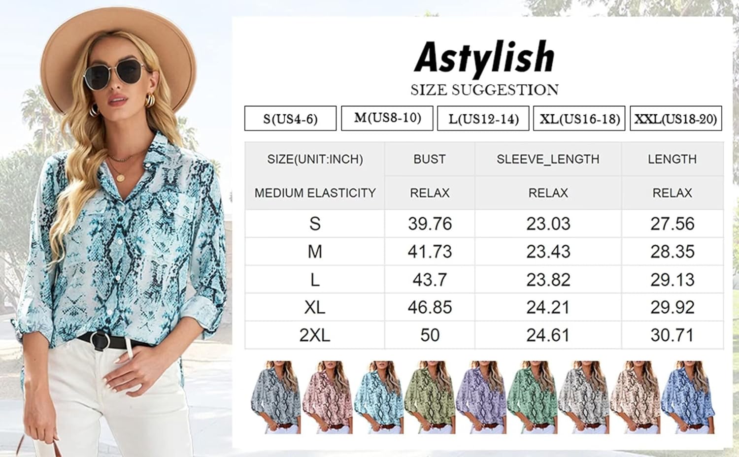 Astylish Women Loose Fit 3 4 Sleeve Button Down Collared Snake Print Tunic Blouse Tops Shirts Blue Medium