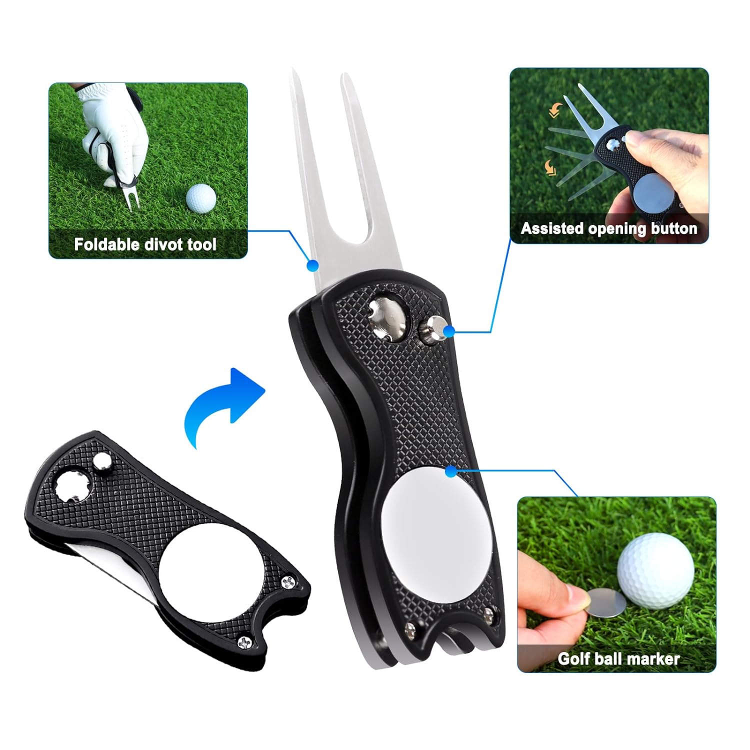 Big Crazy Golf Towel Microfiber Waffle Pattern, Retractable Golf Club Brush Groove Cleaner, Golf Divot Tool with Magnetic Ball Marker, Golf Towels for Golf Bags for Men Black