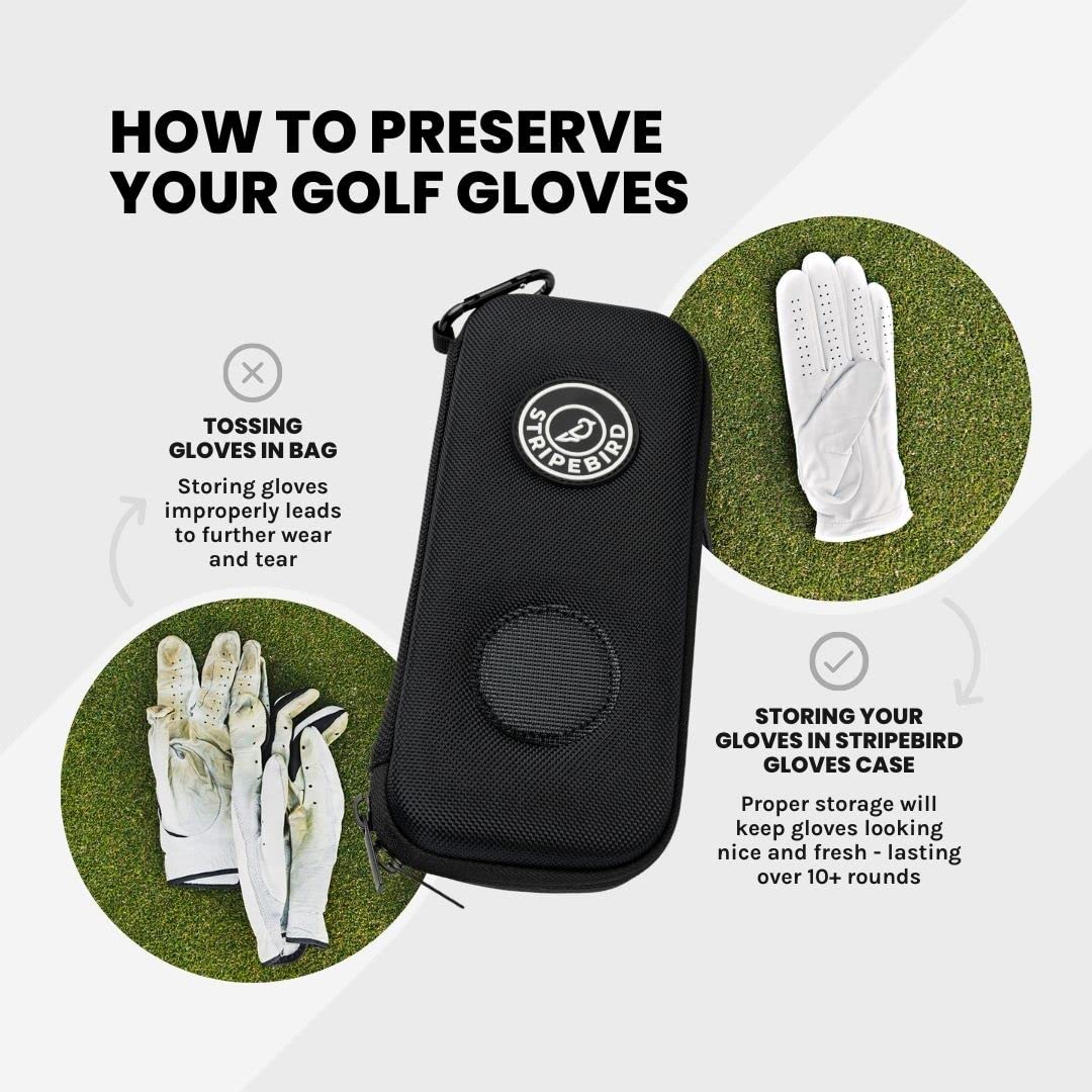 Stripebird - Golf Performance Gloves Holder Case (Stealth Black) - Protect and Keep Golf Gloves Dry - Moisture Free Storage Design - Includes Golf Bag Clip for Golfers