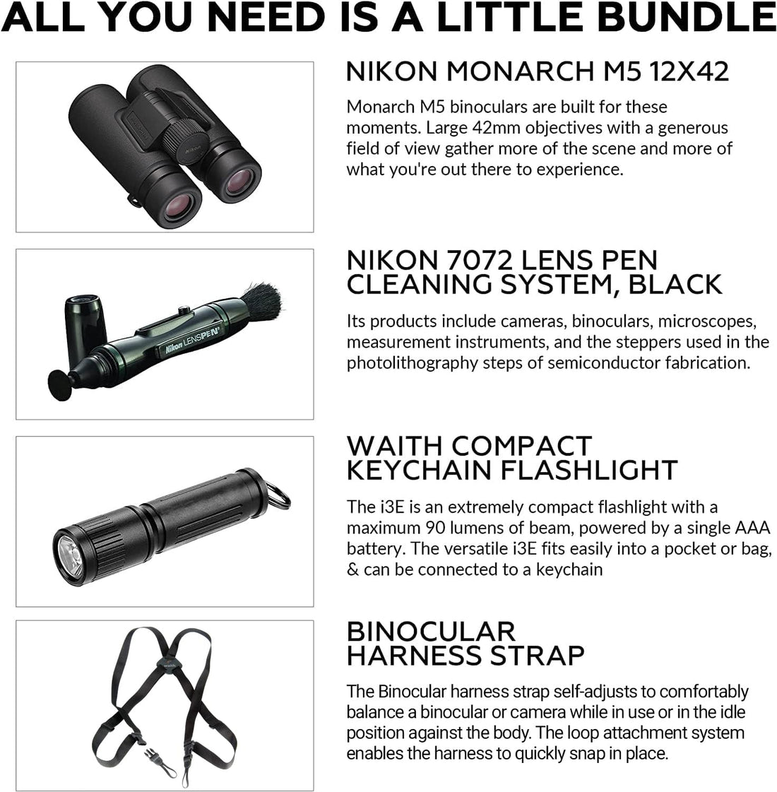 Nikon Monarch M5 12x42 Waterproof Binocular for Adults | Small & Compact Travel Binoculars for Bird Watching | Binocular Harness Strap, Lens Pen Cleaning System, & Flashlight Bundle Set