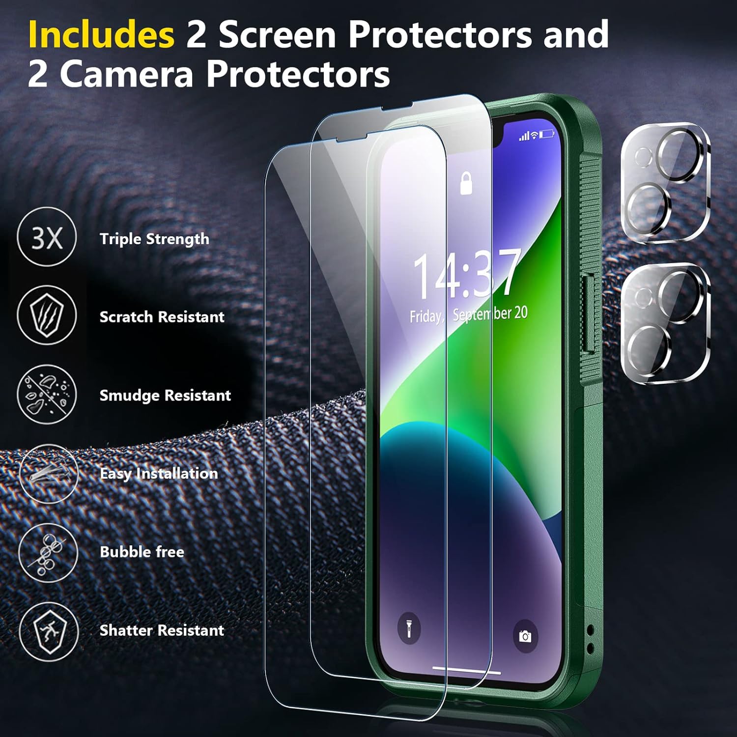 SPIDERCASE for iPhone 14 Case, [15 FT Military Grade Drop Protection][Non-Slip] [2+Tempered Glass Screen Protector][2+Tempered Camera Lens Protector] Heavy Duty Full-Body Shockproof Case,Grass Green