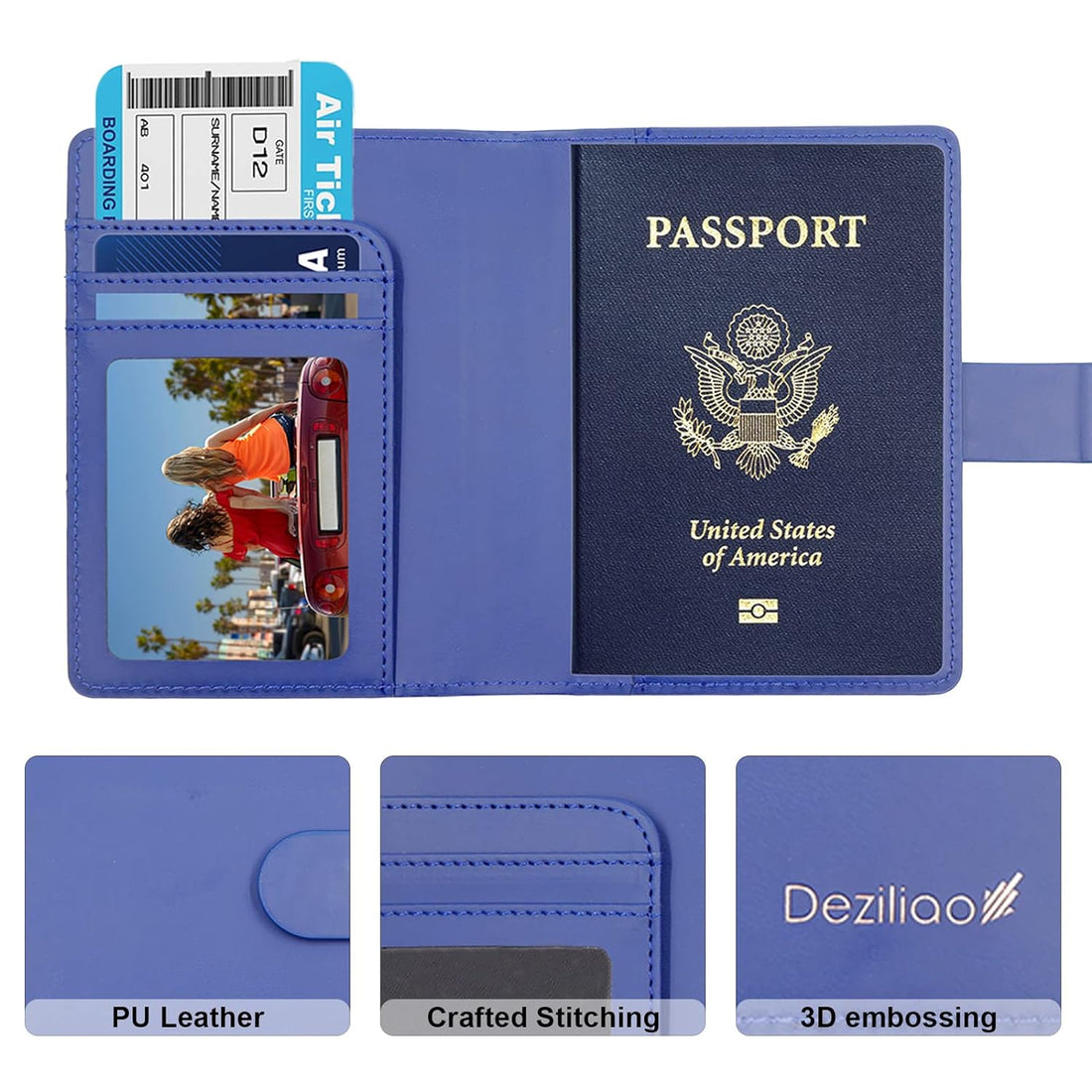 Deziliao Passport and Vaccine Card Holder Combo, PU Leather Passport Holder with Vaccine Card Slot, Passport Wallet for Men and Women, Blue, Classic