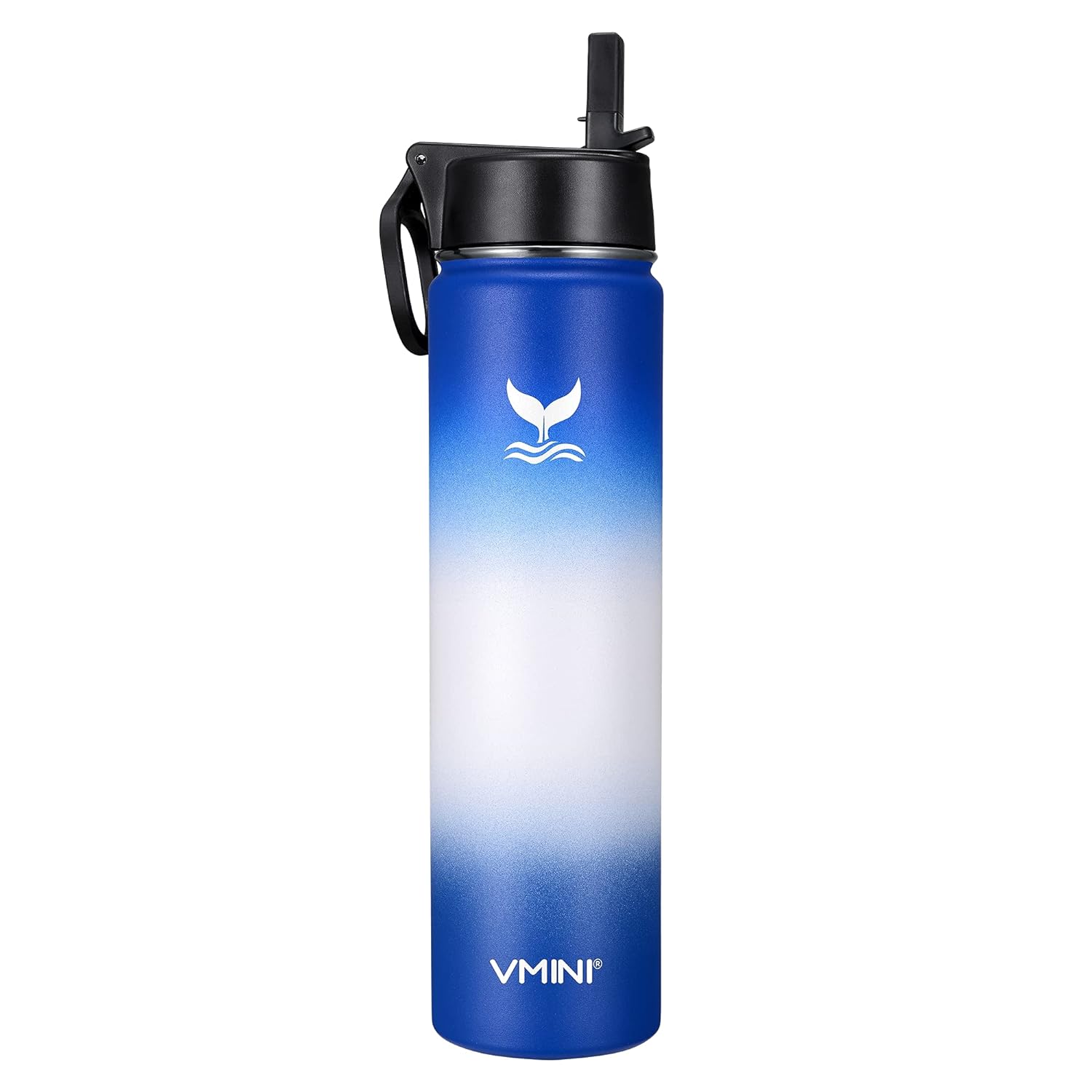 Vmini Water Bottle with Straw, Wide Rotating Handle Straw Lid, Wide Mouth Vacuum Insulated Stainless Steel Water Bottle, Gradient Blue+White+Blue, 24 oz