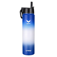 Vmini Water Bottle with Straw, Wide Rotating Handle Straw Lid, Wide Mouth Vacuum Insulated Stainless Steel Water Bottle, Gradient Blue+White+Blue, 24 oz