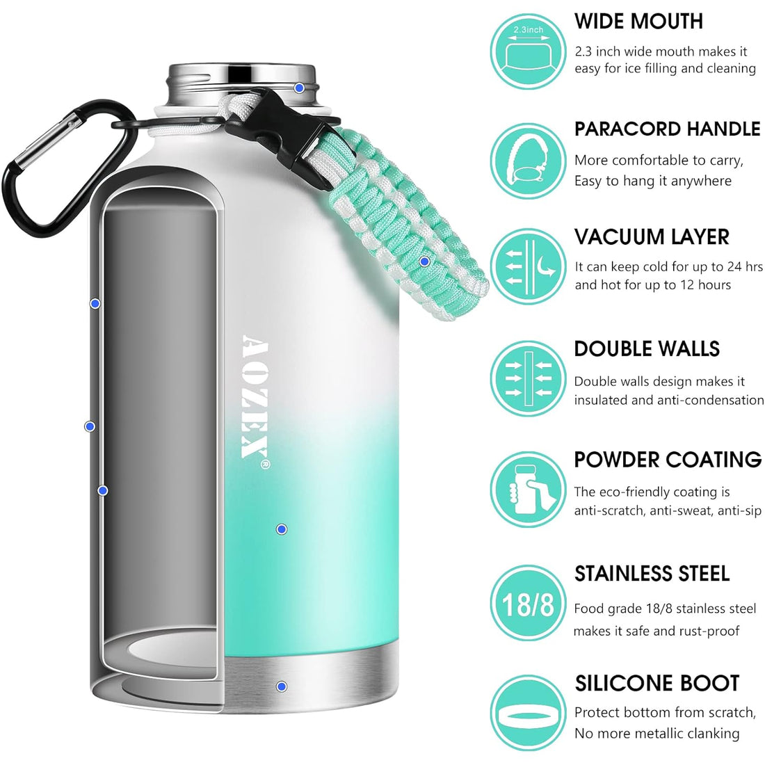 AOZEX Half Gallon Insulated Water Bottle with Straw, Stainless Steel 64 oz Water Bottle Large Metal Water Bottle with Handle, 1/2 Gallon Sports Gym Water Bottle Big Insulated Water Jug for drinking