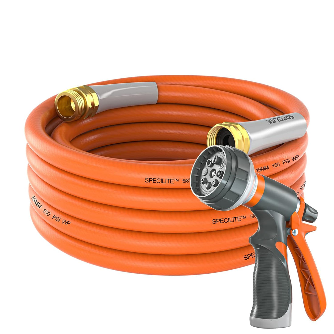 SPECILITE Garden Hose 25 ft x 5/8 in Heavy Duty, Flexible and Lightweight Water Hose with Nozzle, Burst 600 psi, Kink-less Hybrid Rubber Hose for Backyard, 3/4'' Brass Fittings