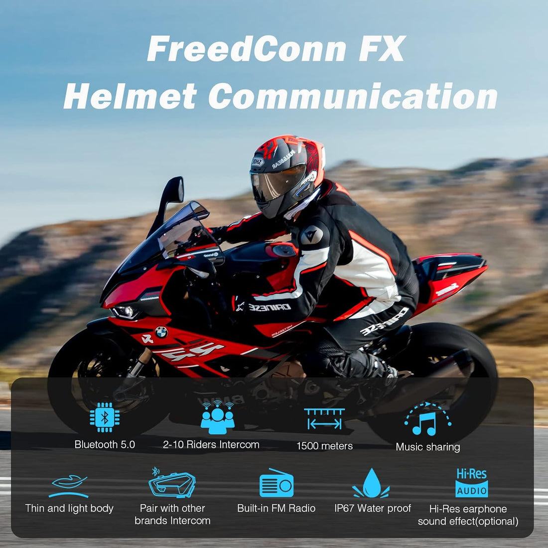 Helmet Bluetooth Headset,FreedConn FX 2-10 Riders Intercom Motorbike Helmet Communication System Motorcycle Bluetooth Universal Pairing IP67 Waterproof/Stereo Music/Handsfree/GPS/2 Mic/Black