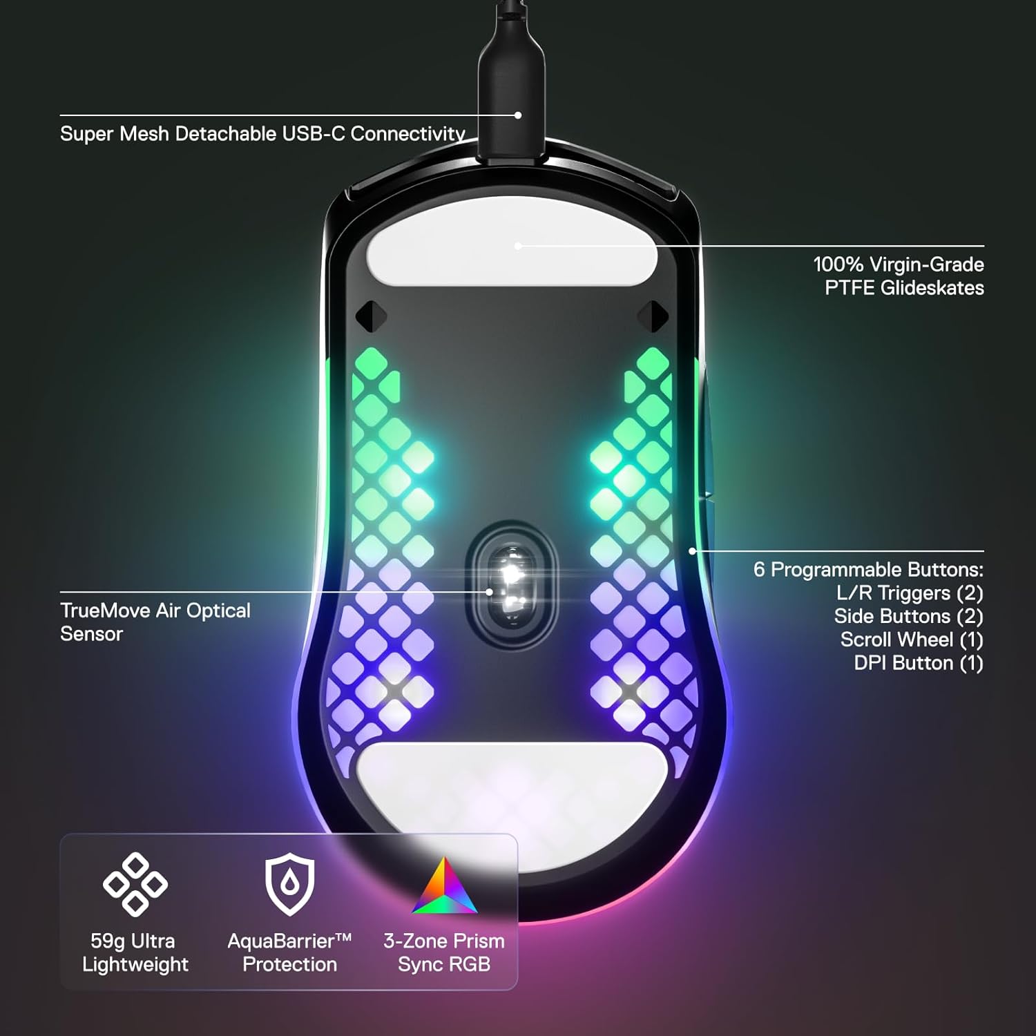 SteelSeries Aerox 3 - Super Light Gaming Mouse - 8,500 CPI TrueMove Core Optical Sensor - Ultra-Lightweight 59g Water Resistant Design - Universal USB-C connectivity - Onyx