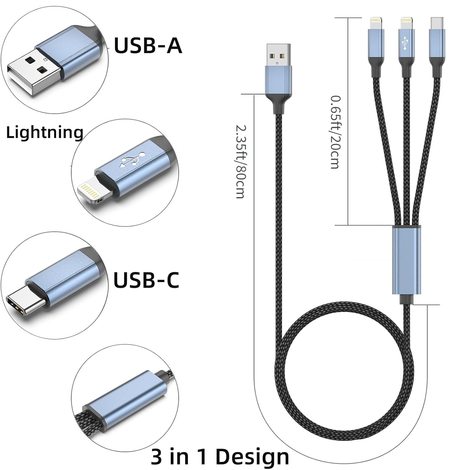 3 in 1 Multi Charging Cable 3ft, 2Pack