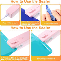 Mini Bag Sealer,Rechargeable Handheld 3 in 1 Plastic Bag Sealer with Cutter Heat Portable Vacuum Sealers Kitchen Gadget for Chip Bags, Plastic Bags, Snack Freshness Food Storage（USB Cable) (Pink)