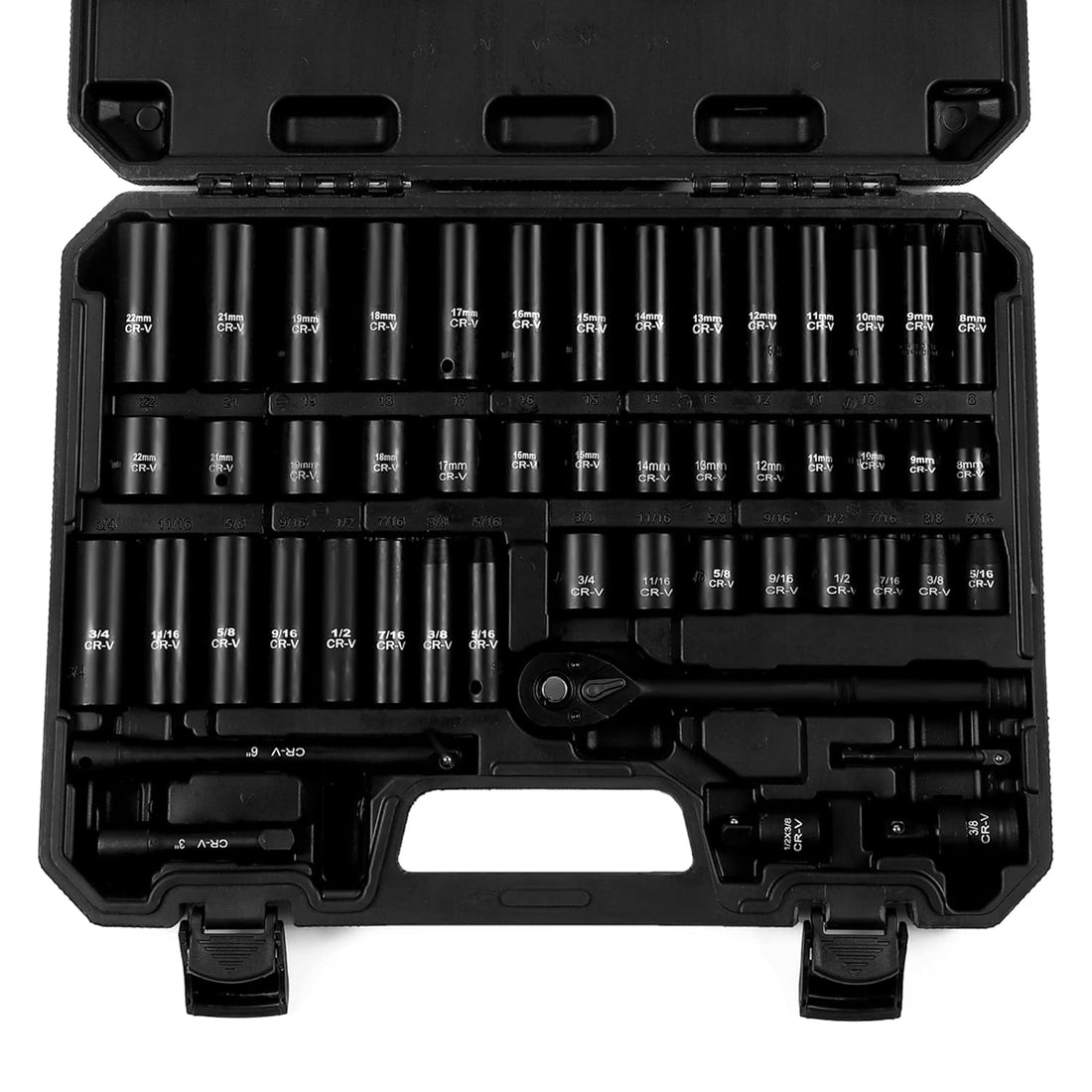 Reniteco 50-Piece 3/8" Drive Socket Set, SAE (5/16"-3/4") & Metric (8mm-22mm), Deep & Shallow, 72-Teeth Ratchet Wrench, Extension Bars, 1/2" F to 3/8" M Reducer, Universal Joint & Power Drill Adapter