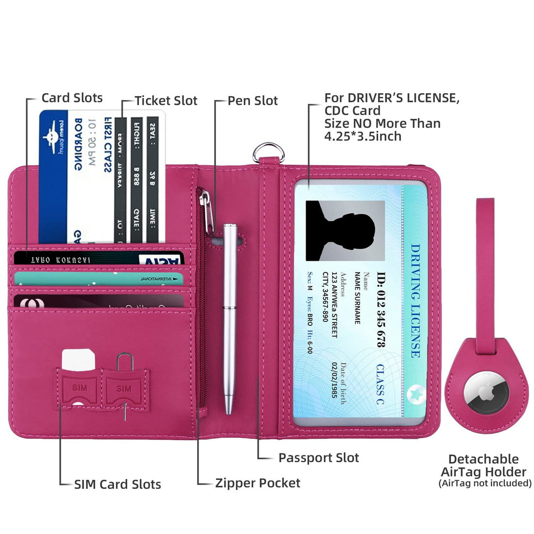 WALNEW AirTag Passport Holder and Vaccine Card Holder Combo, RFID Blocking Travel Passport Wallet with Vaccine Card Protector Slot and Airtag Protective Case, Hot Pink