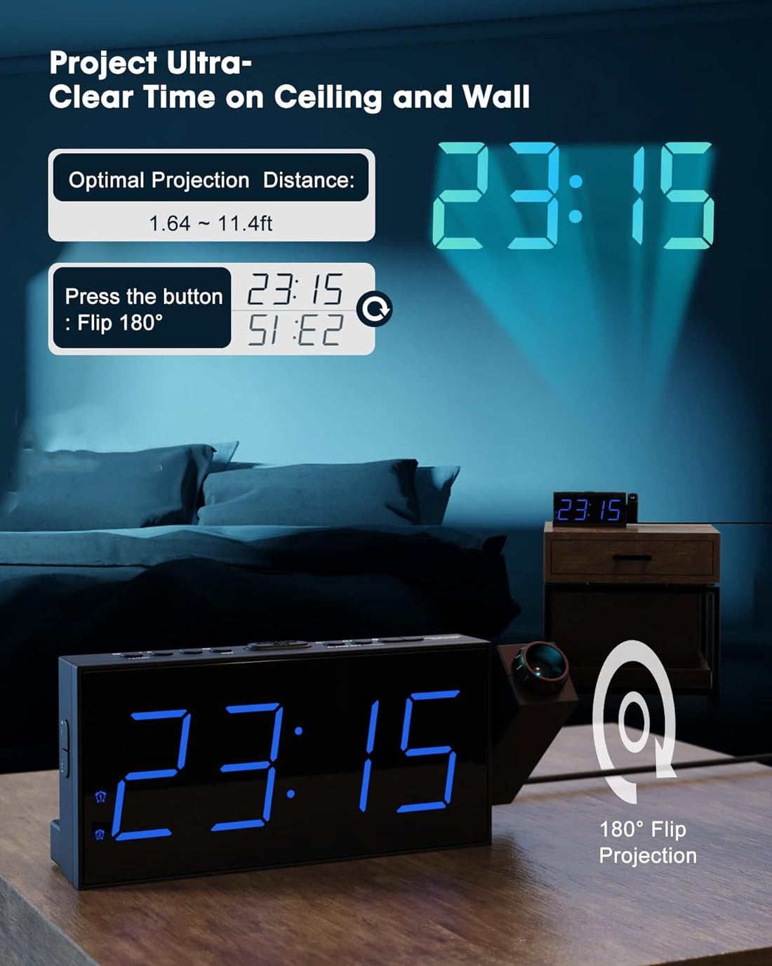 Projection Alarm Clock for Bedroom,LED Digital Clock Projection on Ceiling Wall with USB Phone Charging,Battery Backup,180°Projector& Dimmer,12/24H,DST,Snooze,Dual Loud Bedside Clock for Heavy Sleeper