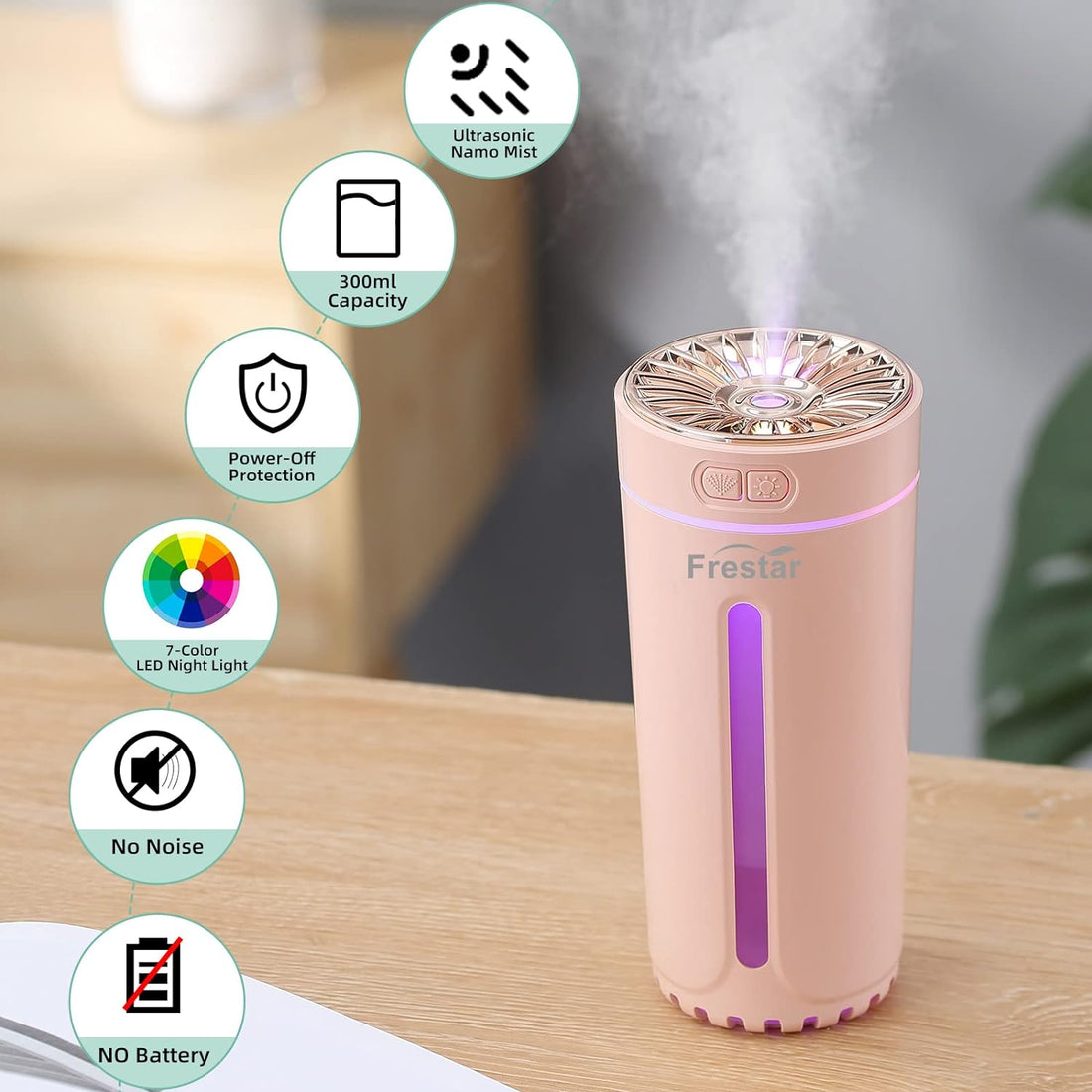 Small USB Desktop Humidifier 300ml with 7 Colors LED Light for Home, Plant, Car, Office, Bedroom,Baby with Nano Mist and No Battery (Pink)