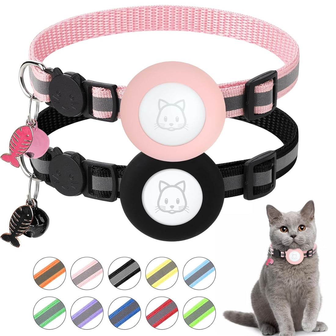 Airtag Cat Collar, Air tag Cat Collar with Bell and Safety Buckle in 3/8" Width, Reflective Collar with Waterproof Airtag Holder Compatible with Apple Airtag for Cat Dog Kitten Puppy (Black+Pink)