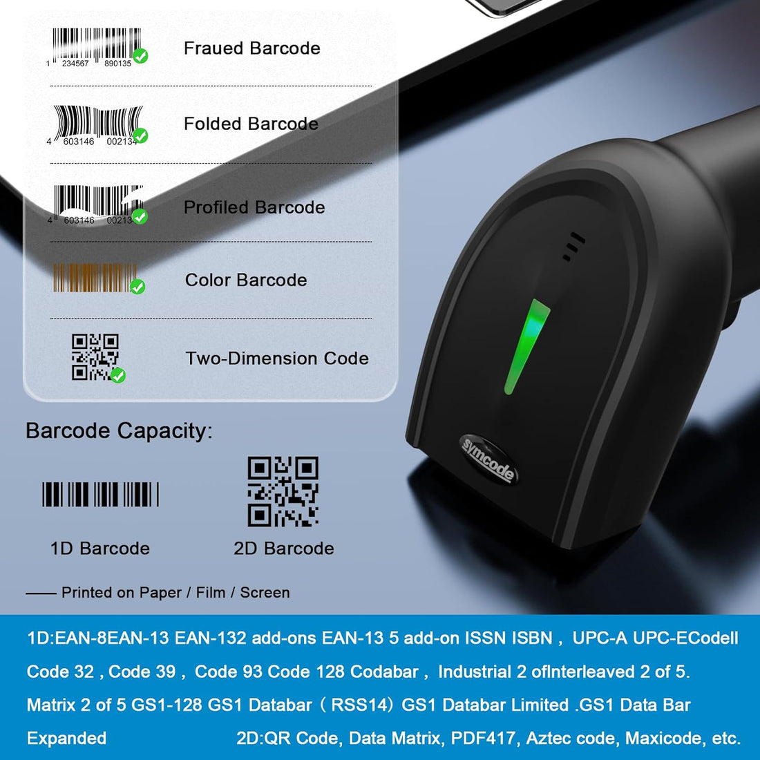 Symcode Handheld Barcode Scanner USB Wired 2D 1D QR Code for Computer POS Support Automatic Screen Scanning, for Mobile Payment, Store, Supermarket, Warehouse Black