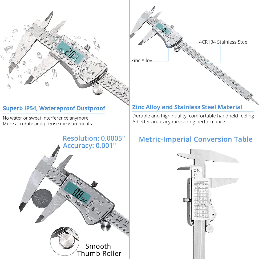 CAMWAY Waterproof Digital Caliper 8 Inch,Stainless Steel Electronic Vernier Caliper with 32PCS Feeler Gauge,200mm Digital Caliper Fractions/Inch/Metric Measuring Tool