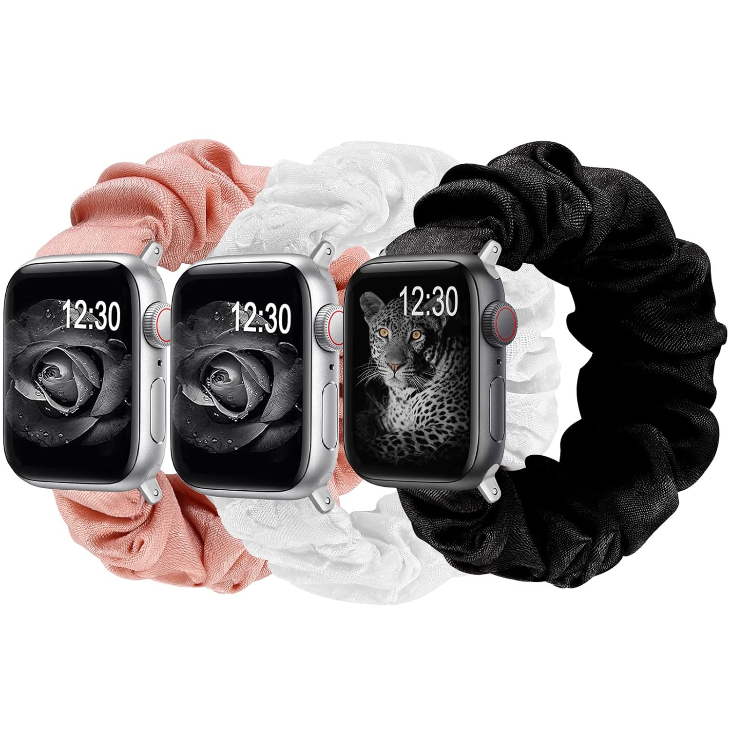 TOYOUTHS 3 Packs Compatible with Apple Watch Band Scrunchies 42mm Cloth Soft Pattern Printed Fabric Bracelet Women IWatch Elastic Scrunchy Bands 44mm 45mm Series SE 7 6 5 4 3 2 1(Black/White/Pink)