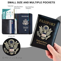 Passport Holder Cover Case with Airtag, Travel Passport Book Wallet and Vaccine Card Holder Combo, US ID Badge Porta Pasaporte with RFID Blocking, Leather Document Organizer for Men Women Kids, Black, Polished Leather Surfaces