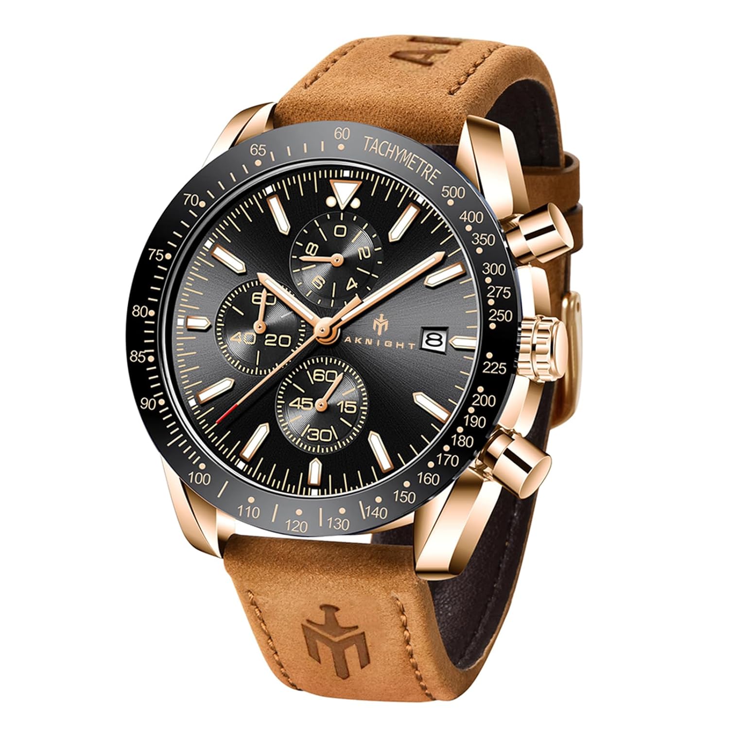 AKNIGHT Mens Watch Analog Chronograph Quartz Big Face Watches for men 30M Waterproof Men's Wrist Watches Classic Business Luminous Leather Watch, Elegant Gift for men, 5140Z Gold black, Classic