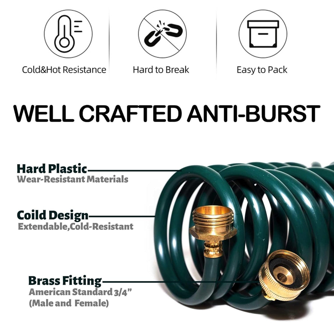 FUNJEE Lightweight EVA Coil 20 FT Garden Hose with 3/4" GHT Solid Brass Fittings, Retractable Corrosion Resistant Water Hose with Brass Connectors, for Lawn, Car Washing (20FT, Green)
