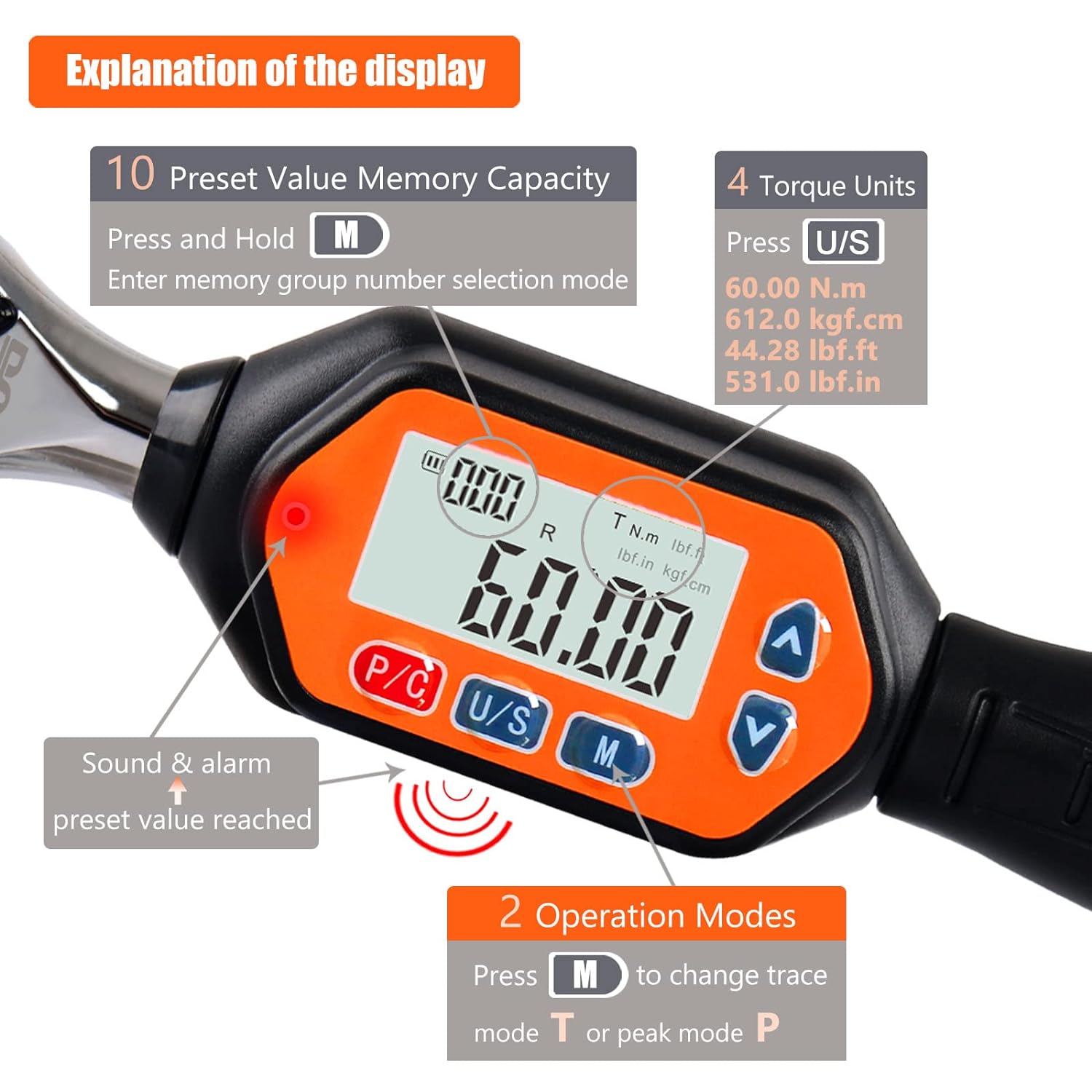 SUG Mini Digital Torque Wrench, 3/8-inch Drive with Buzzer & LED, 1.33 to 44.25 ft-lbs, Professional Electronic Short Handle Torque Wrenches Bike Car Repairing Tool (Accurate to 2%) Calibrated