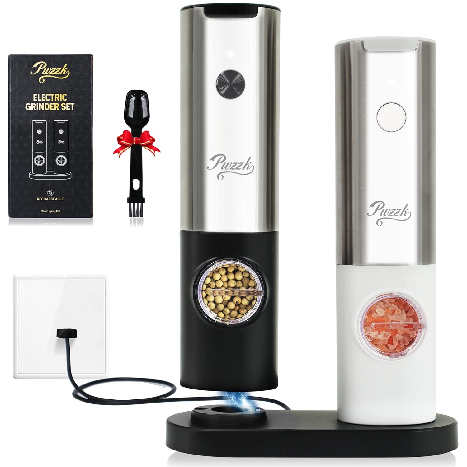 PwZzk Electric Salt and Pepper Grinder Set Rechargeable USB Type-C Charge Port One Hand Automatic Operation Stainless Steel Electronic Spice Mill Shakers With 6 Level Adjustable Coarseness (2 Pack)