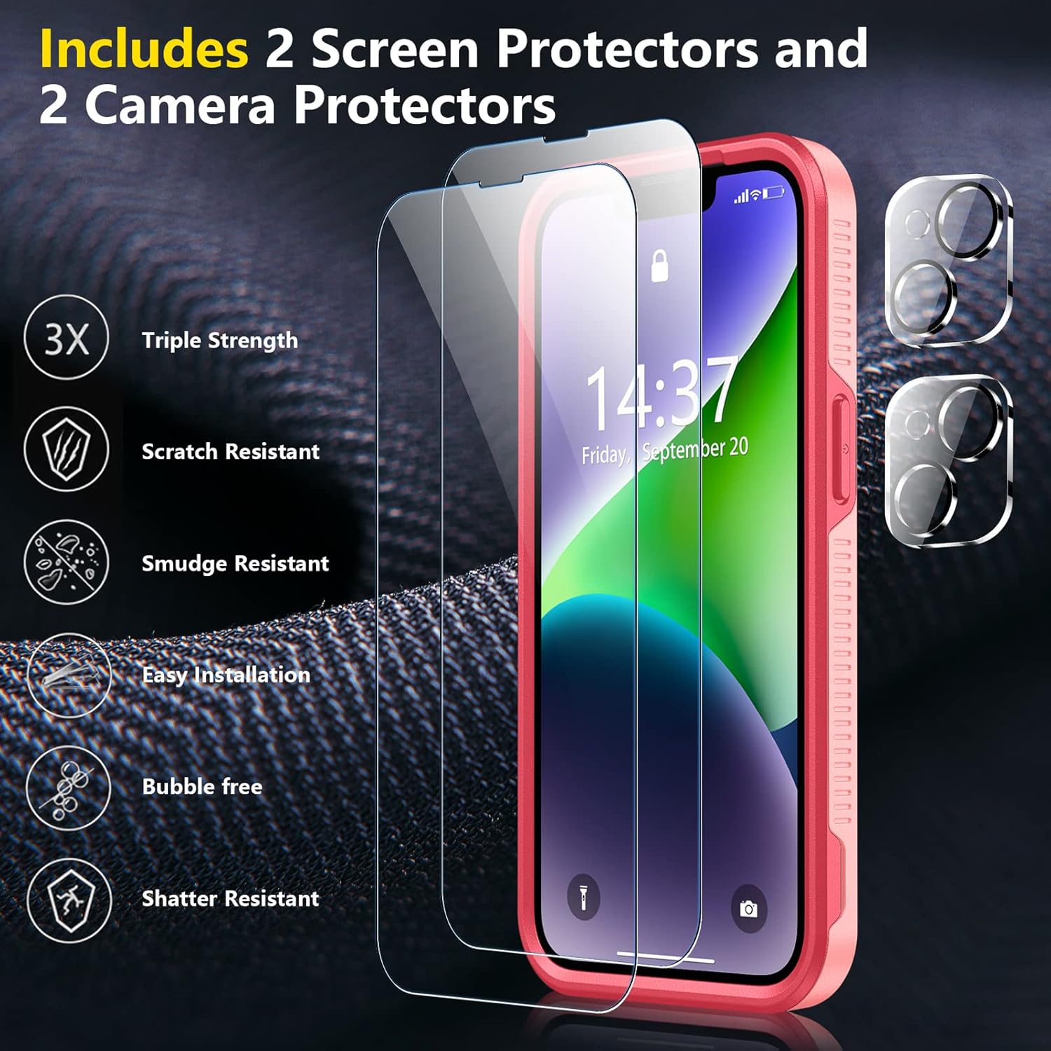 SPIDERCASE for iPhone 14 Case, [15 FT Military Grade Drop Protection][Non-Slip] [2+Tempered Glass Screen Protector][2+Tempered Camera Lens Protector] Heavy Duty Full-Body Shockproof Case, Light Pink