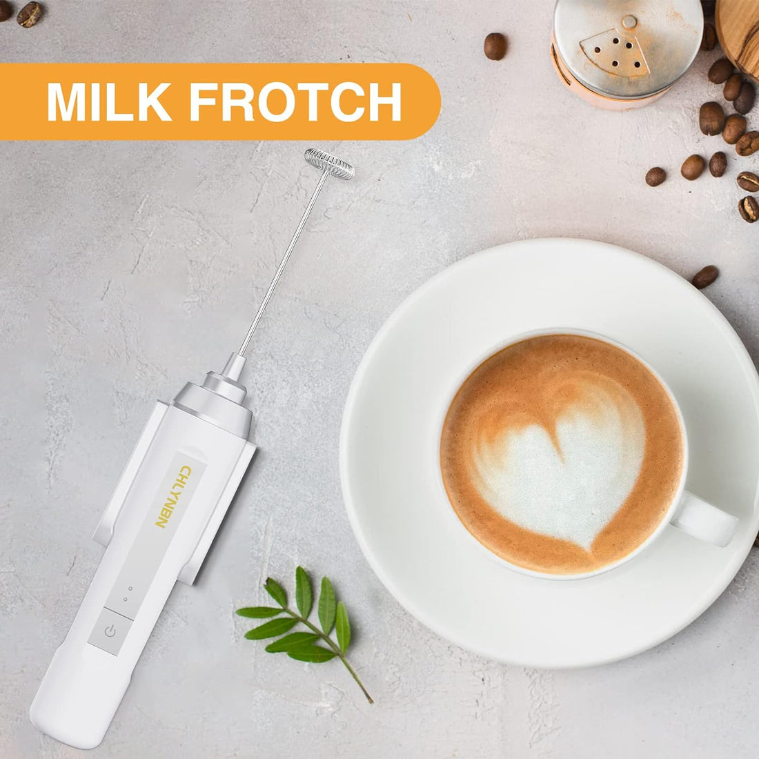Milk Frother，CHLYNBN Coffee frother，Egg blender， Rechargeable Handheld Electric Foam Maker，Stainless Steel Beverage Blender for Latte , Cappuccino, Matcha ，Smoothies, hot Chocolate (White)